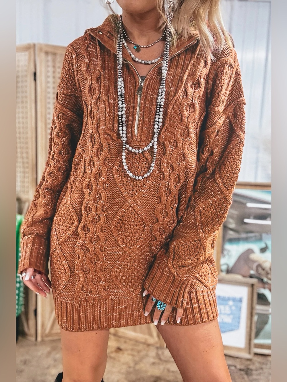 Zip-Up Cable Knit Drop Shoulder Sweater Dress - Picture 5 of 15